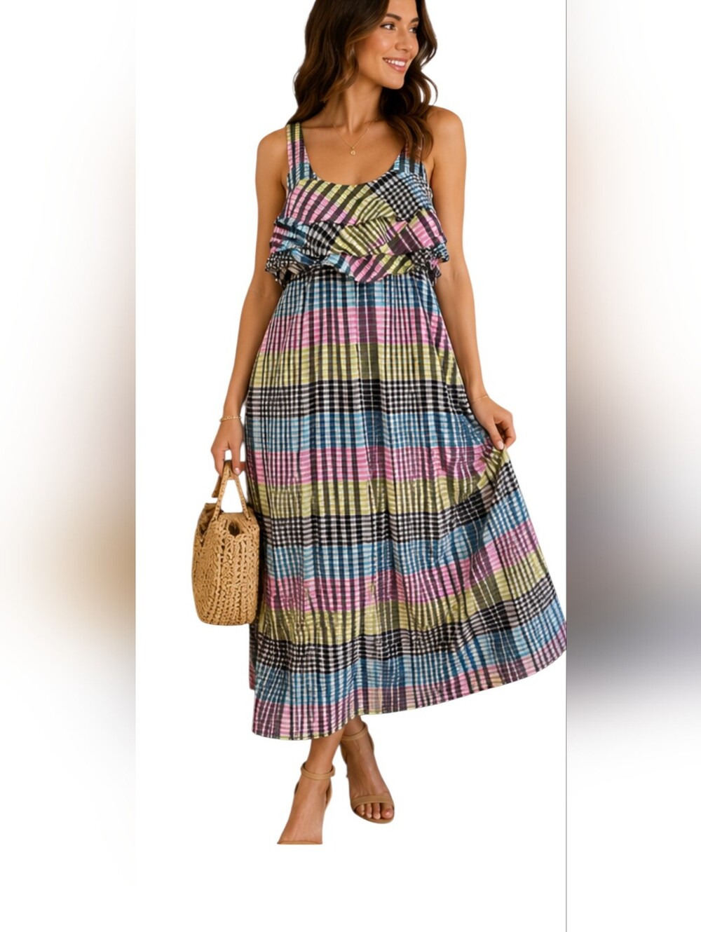 Suno Plaid Cotton & Silk Blend Ruffle Midi Dress Made in USA Size Medium